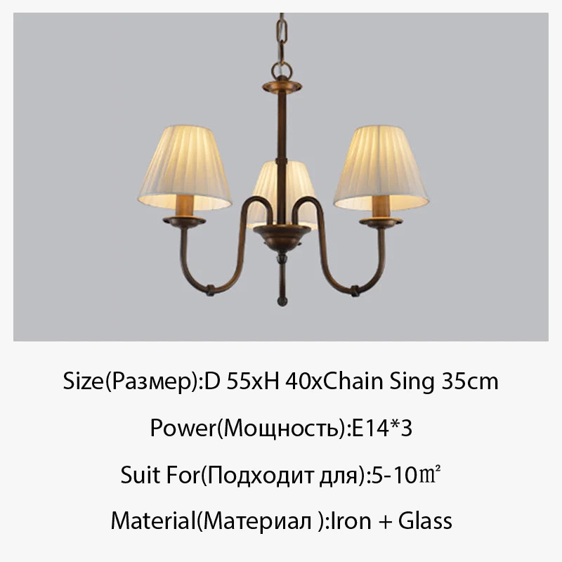 Lustre de pays européen et américain classique en fer forgé salon chambre lampe salle à manger tissu abat-jour lustre