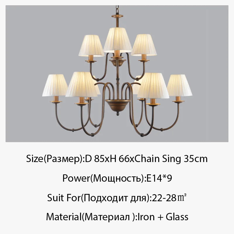 Lustre de pays européen et américain classique en fer forgé salon chambre lampe salle à manger tissu abat-jour lustre