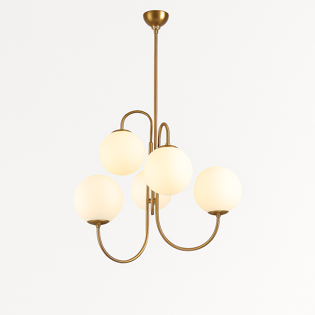 Lustre design avec branches dorées et boule de verre