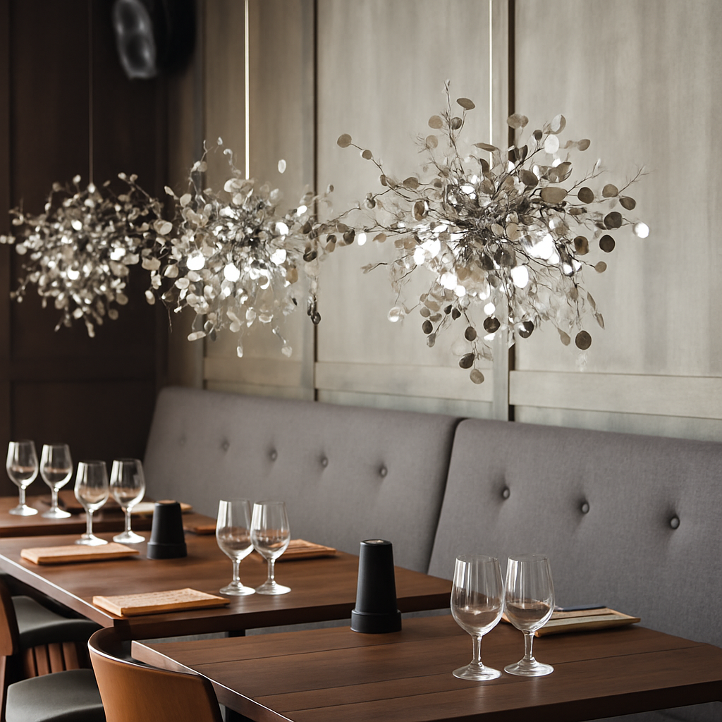 Lustre design chromé arbre à feuilles rondes