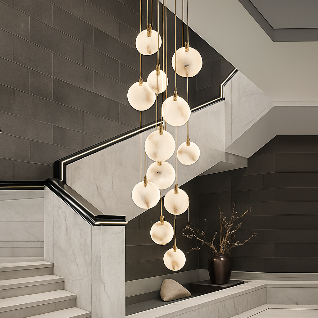 lustre design en marbre doré avec éclairage led tendance 2024