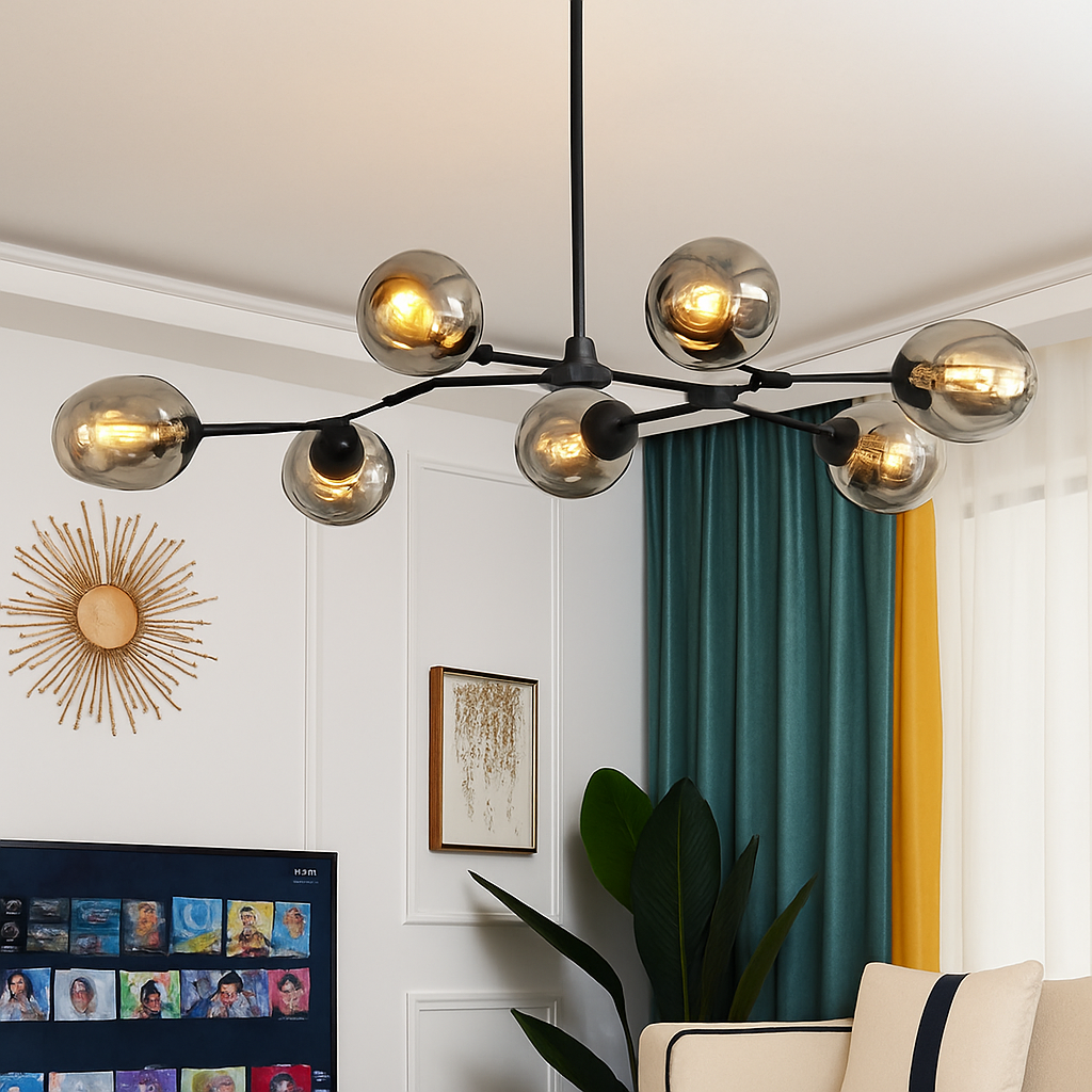 Lustre design à LED avec branches métal et bulles en verre Beans