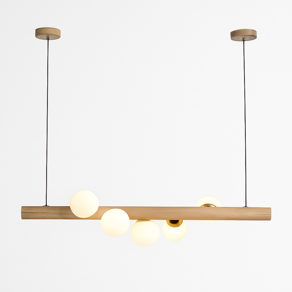 Lustre en bois LED avec plusieurs sphères au style scandinave