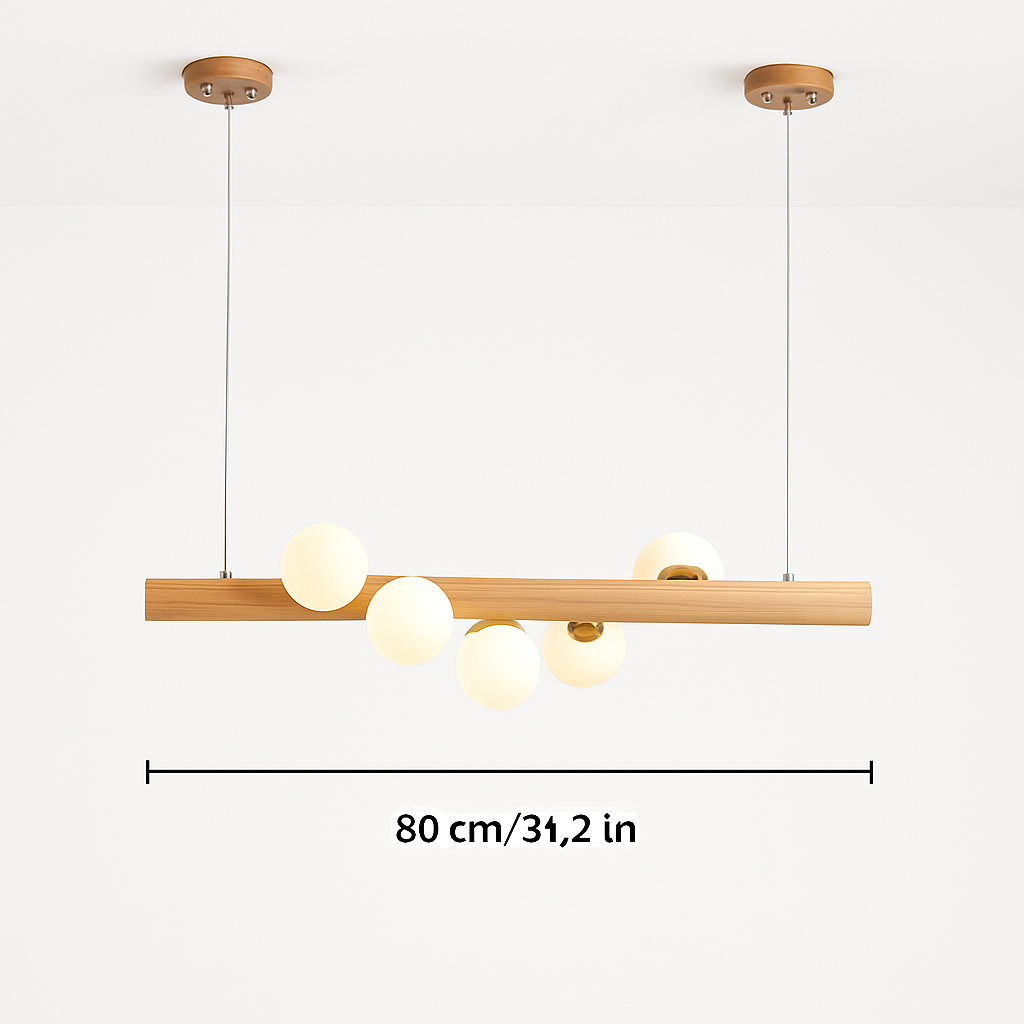 Lustre en bois LED avec plusieurs sphères au style scandinave
