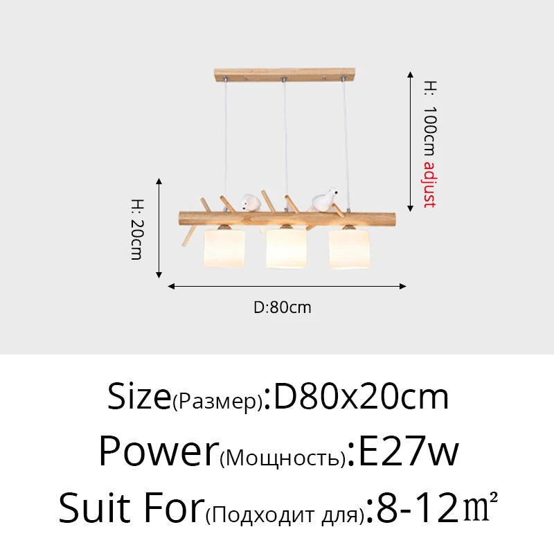 lustre en bois nordique avec éclairage en verre oiseaux 2 ou 3 têtes