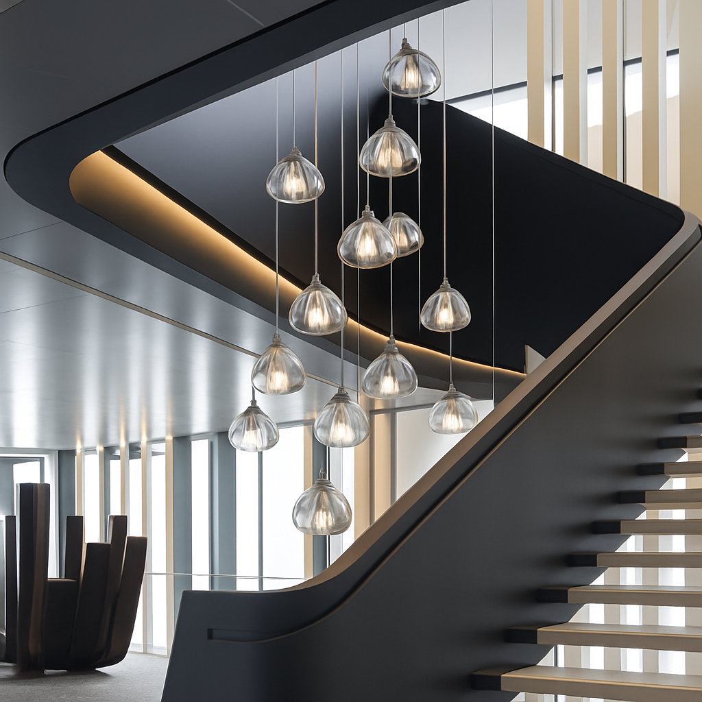 lustre en cristal design luxueux pour escalier colimaçon moderne