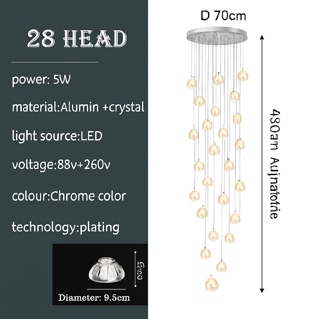 lustre en cristal design luxueux pour escalier colimaçon moderne