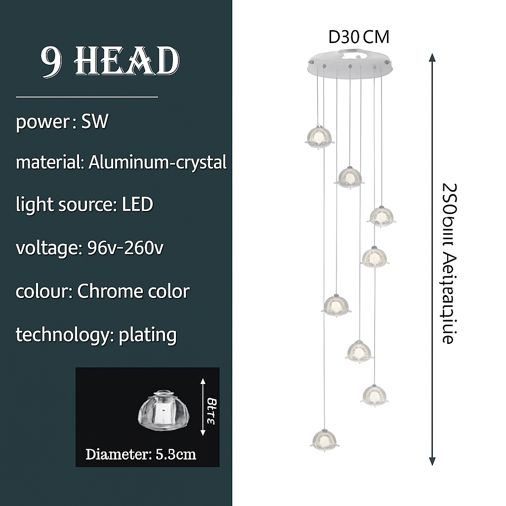 lustre en cristal design luxueux pour escalier colimaçon moderne