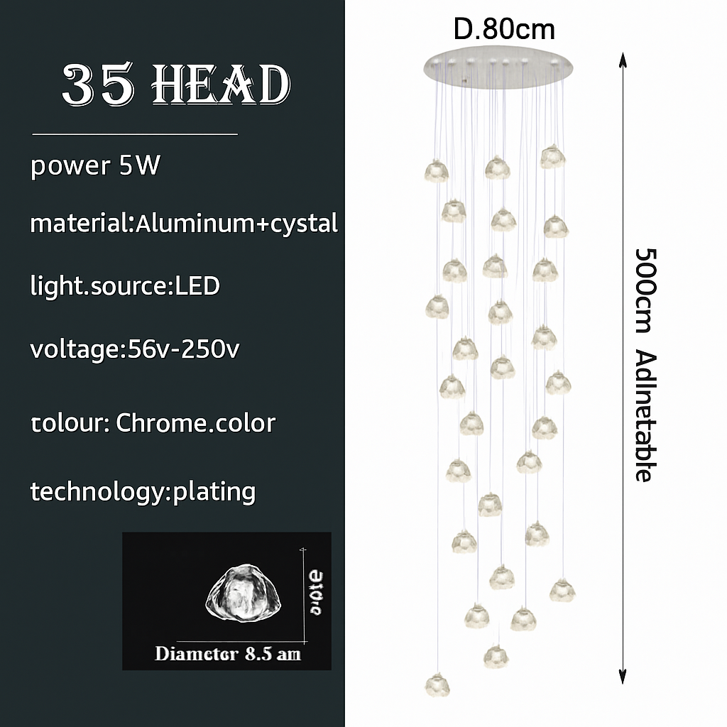lustre en cristal design luxueux pour escalier colimaçon moderne