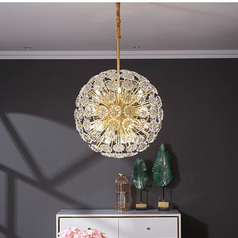 lustre en cristal pissenlit rond en cuivre pour décoration artistique