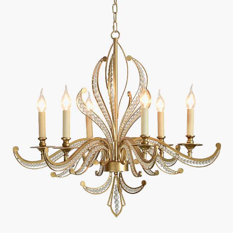 lustre en métal doré antique avec décoration en cristal