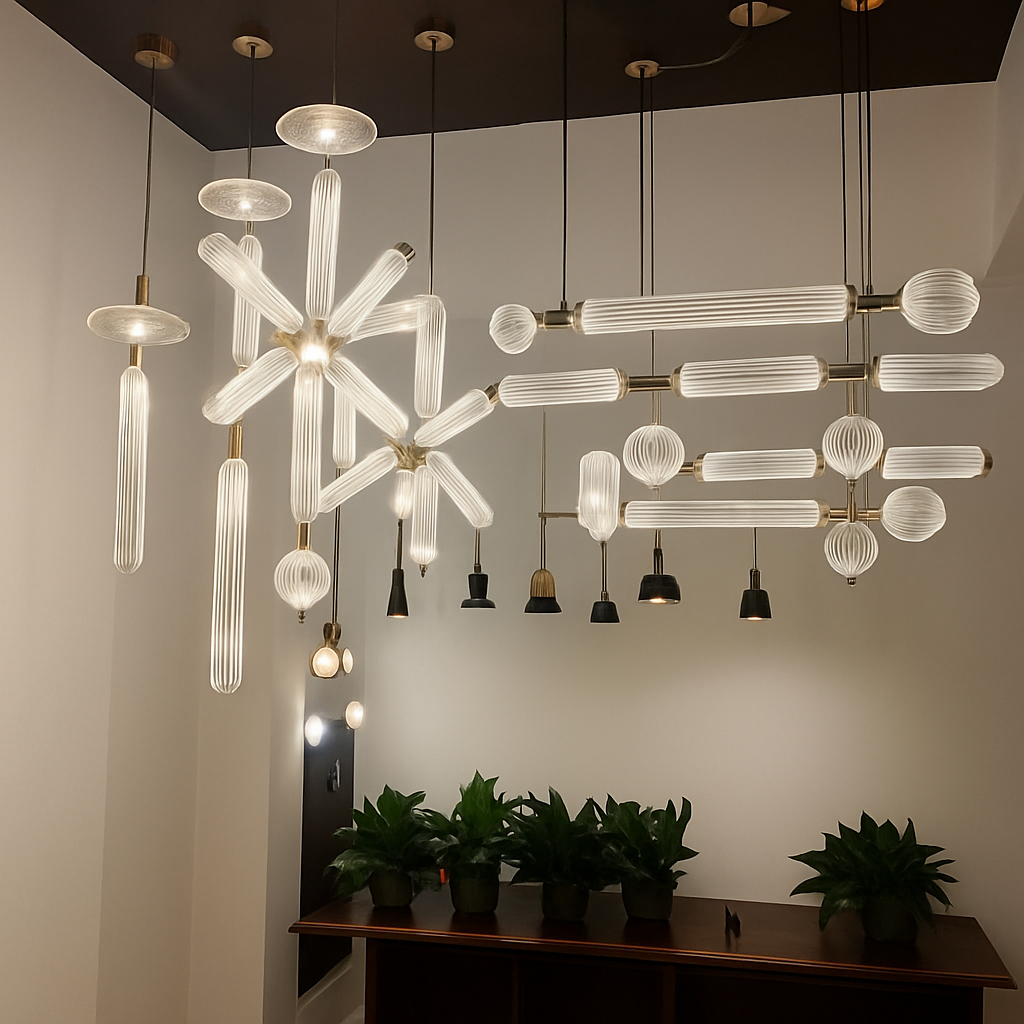 lustre en verre transparent design moderne pour espaces commerciaux et privés