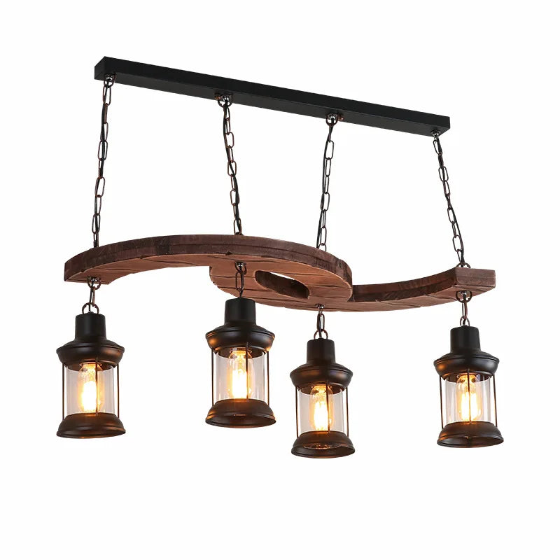 lustre industriel rétro 4 têtes en bois et fer pour café bar loft