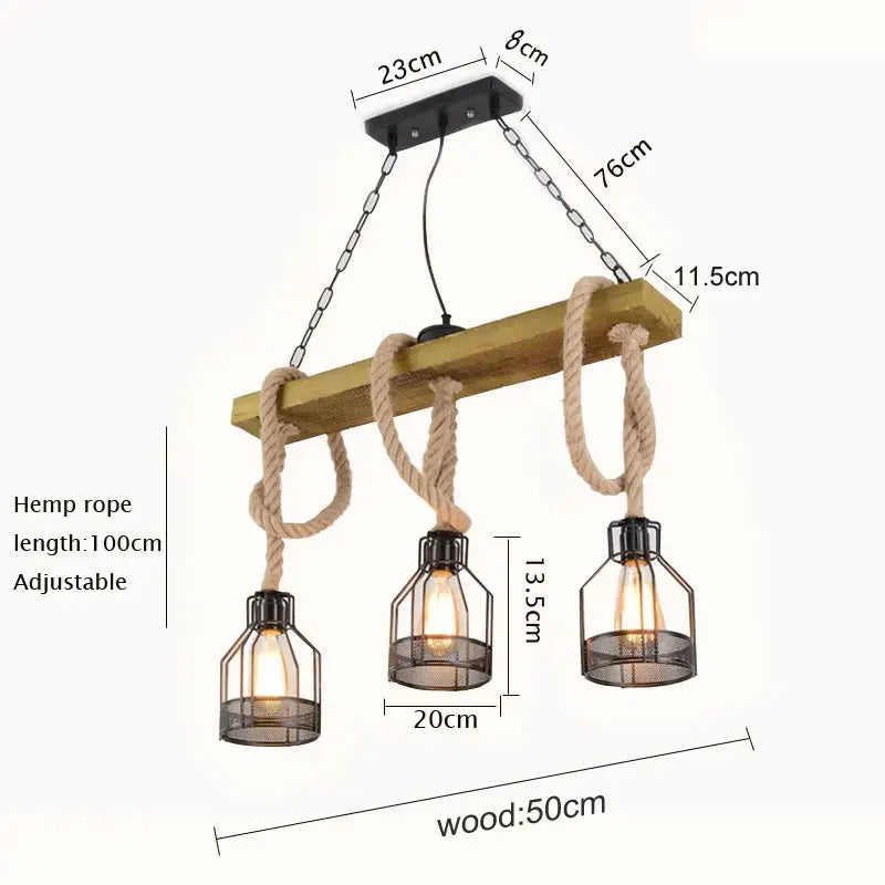 lustre industriel rétro avec 3 têtes en bois et corde de chanvre
