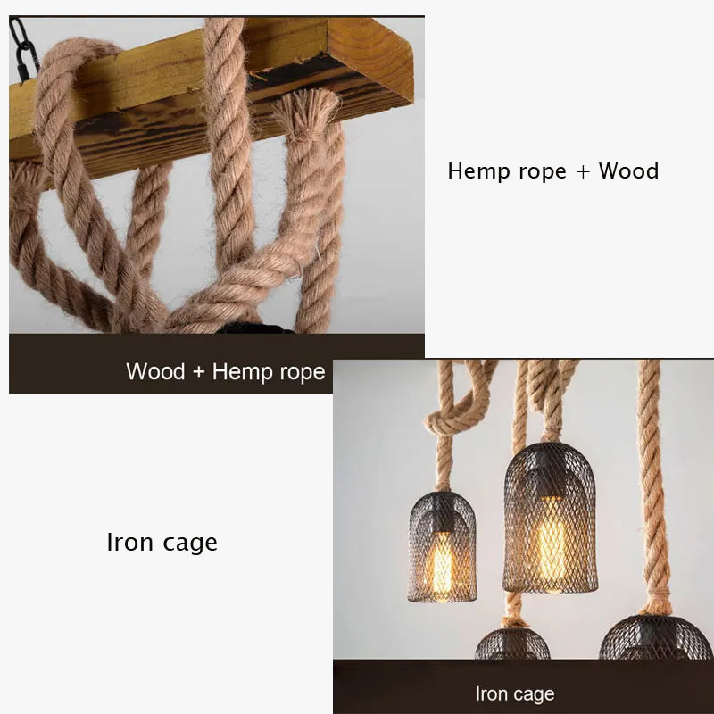 lustre industriel rétro avec 3 têtes en bois et corde de chanvre