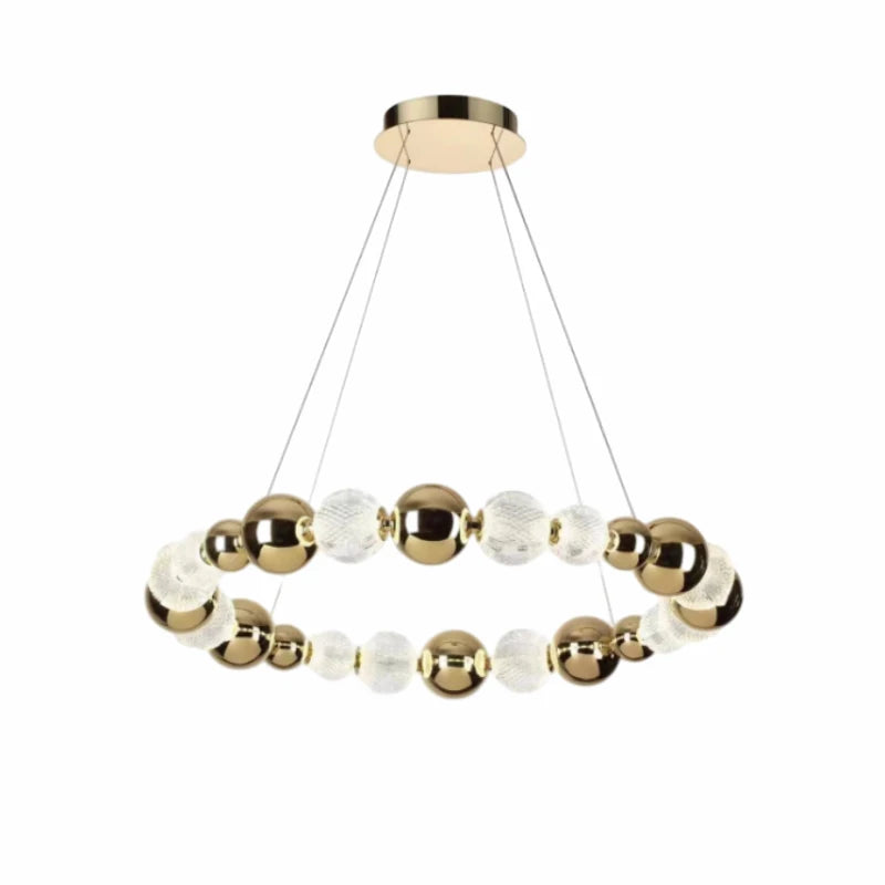 lustre led boule acrylique avec anneau doré et fils réglables