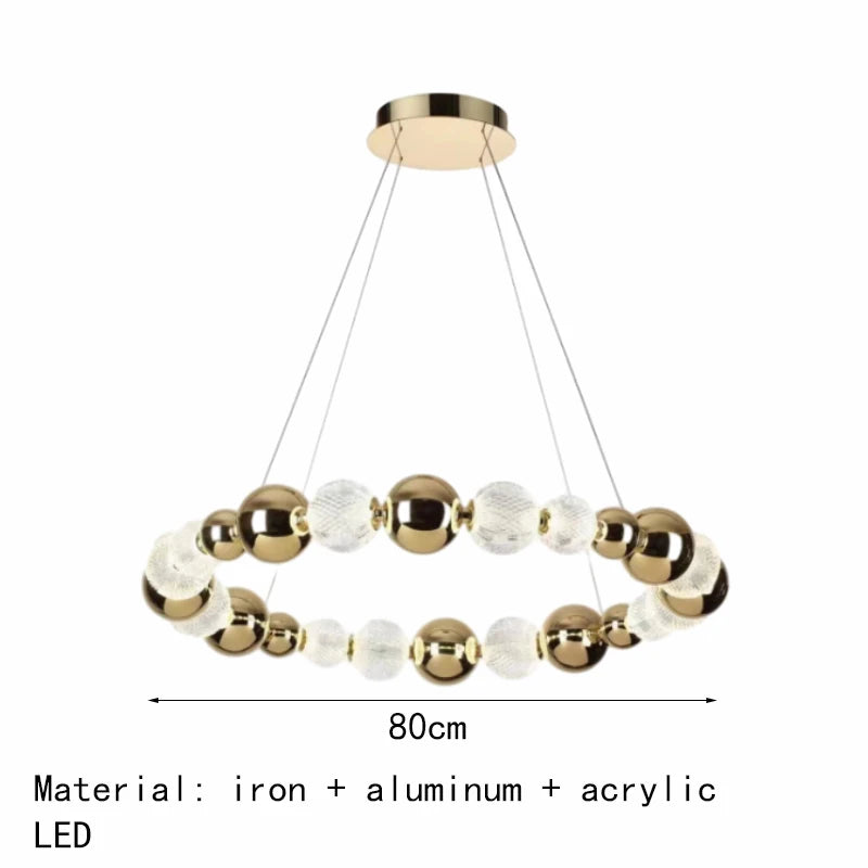 lustre led boule acrylique avec anneau doré et fils réglables