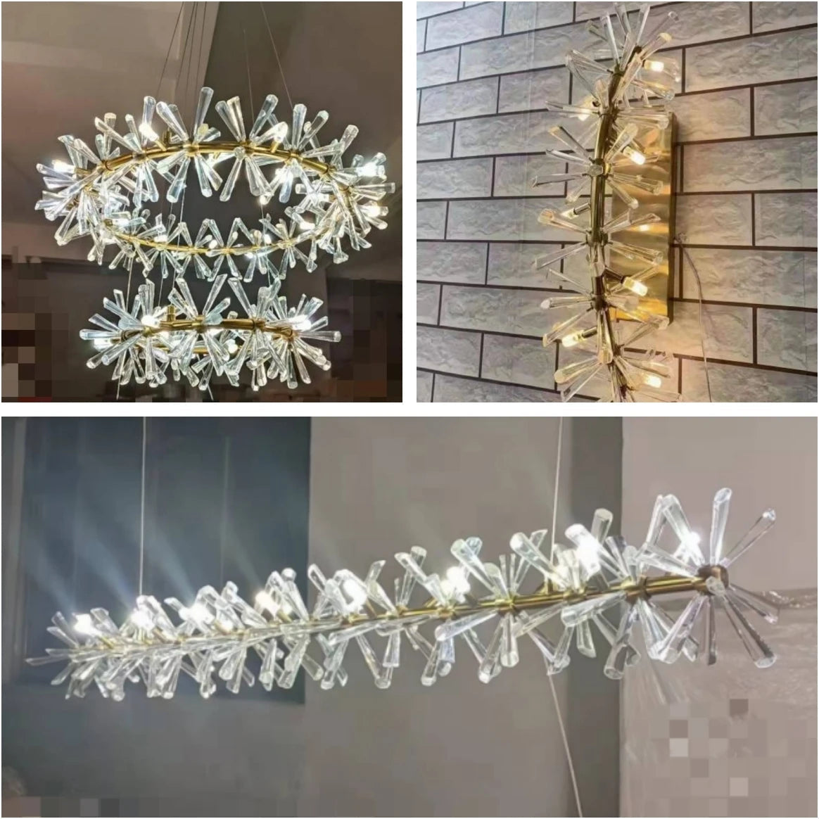 lustre led cristal clair rond avec fil métallique doré réglable