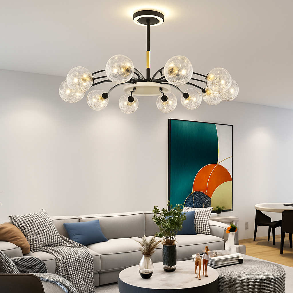 lustre led de luxe en fer avec boules de verre étoilées