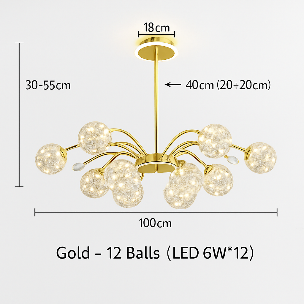lustre led de luxe en fer avec boules de verre étoilées
