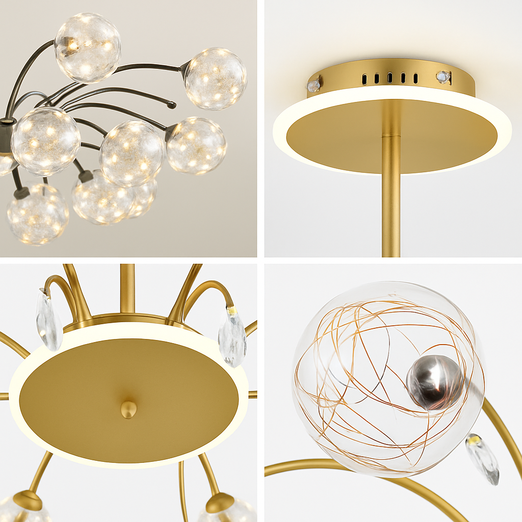 lustre led de luxe en fer avec boules de verre étoilées