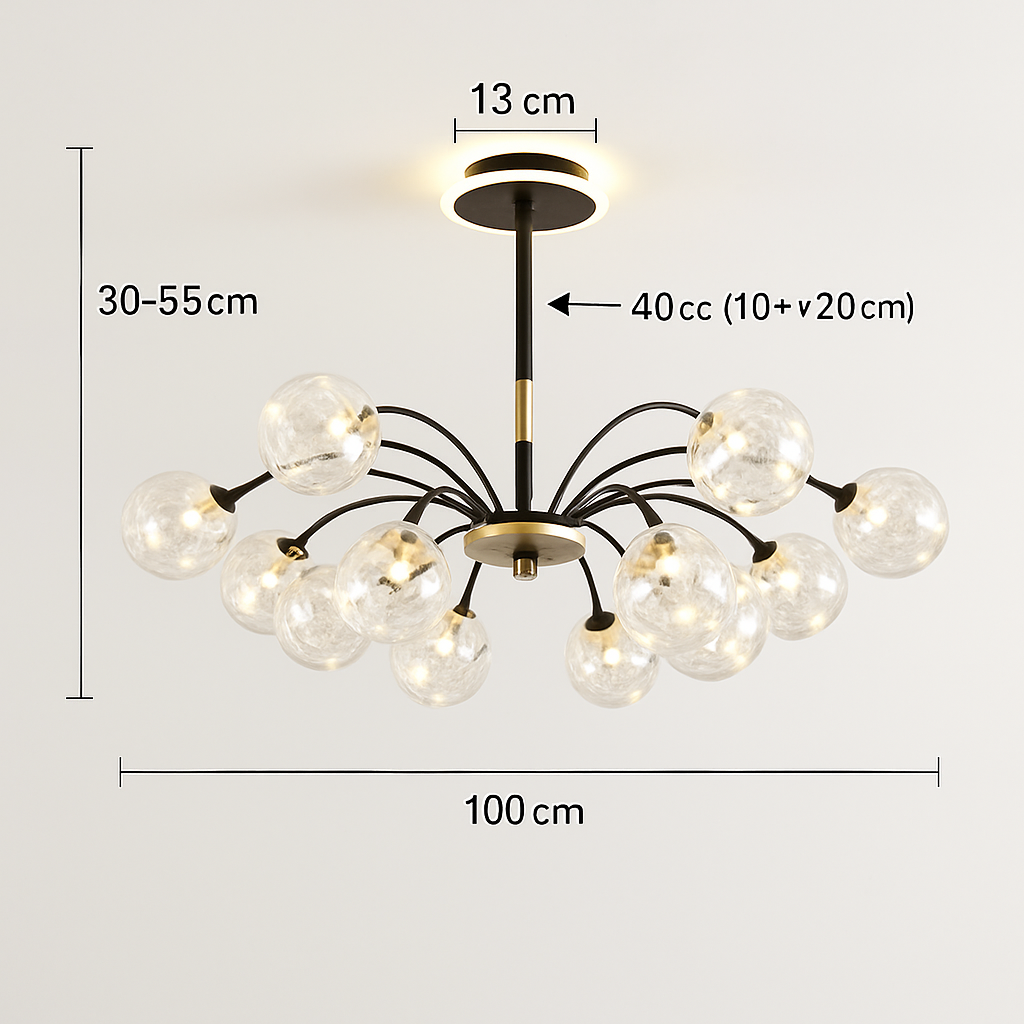lustre led de luxe en fer avec boules de verre étoilées