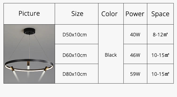 lustre led simple et moderne avec anneau suspension noir