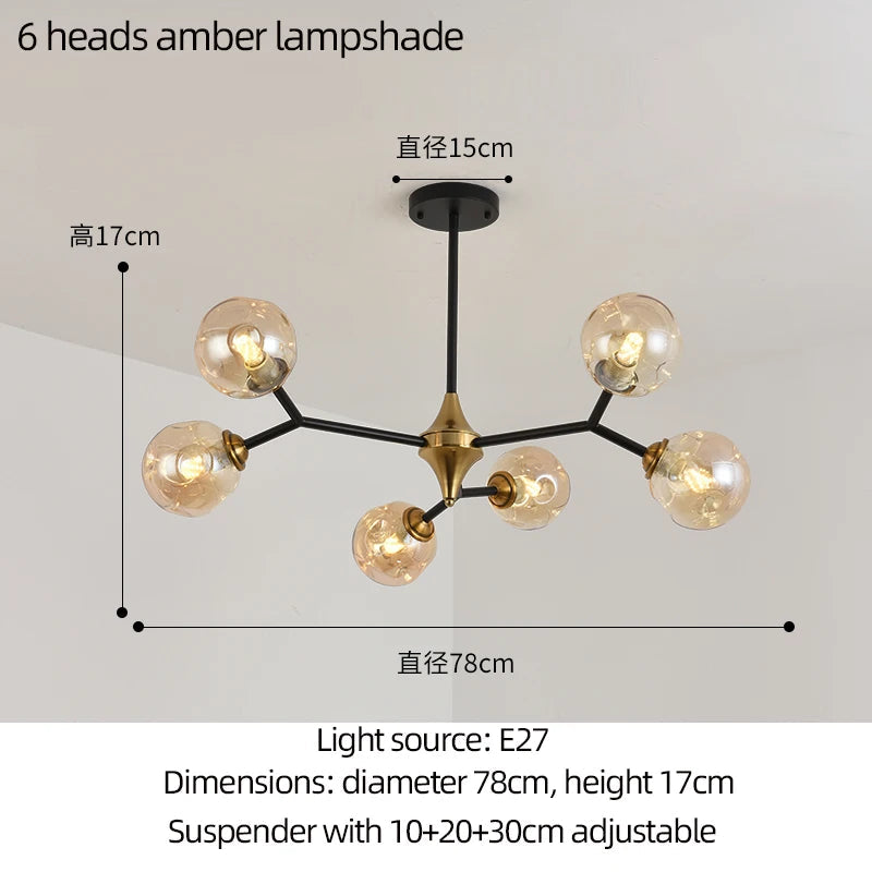 lustre moderne à branches rotatives en verre avec éclairage led