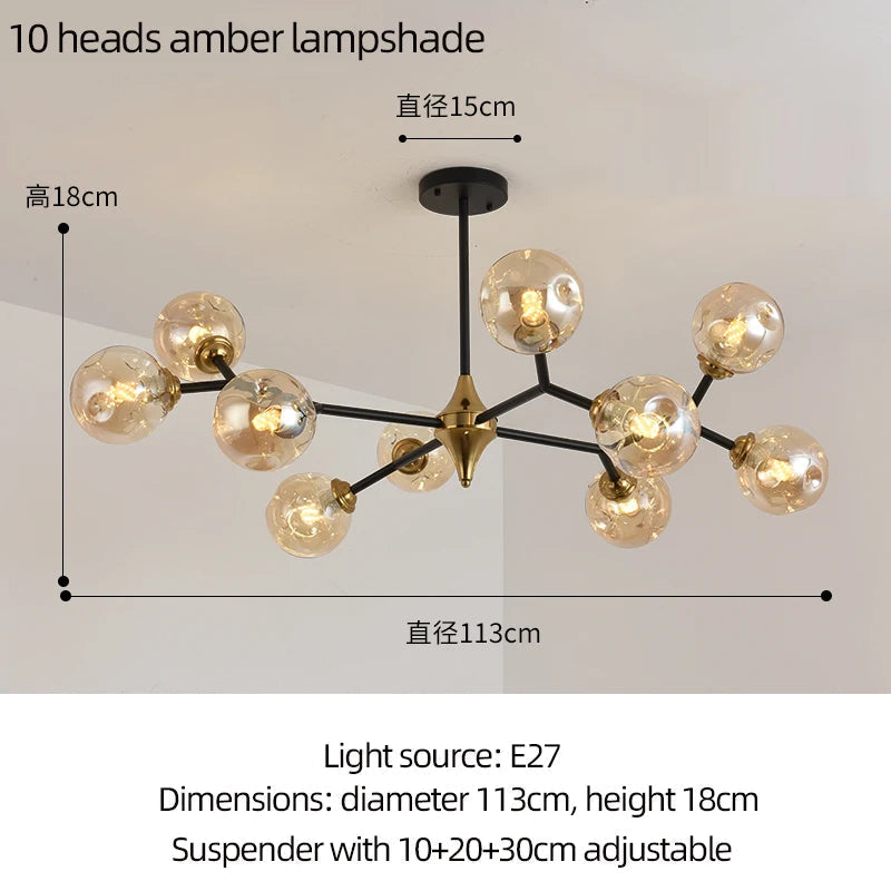 lustre moderne à branches rotatives en verre avec éclairage led