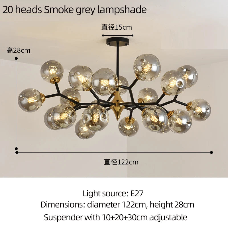 lustre moderne à branches rotatives en verre avec éclairage led
