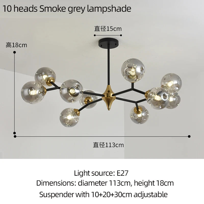 lustre moderne à branches rotatives en verre avec éclairage led