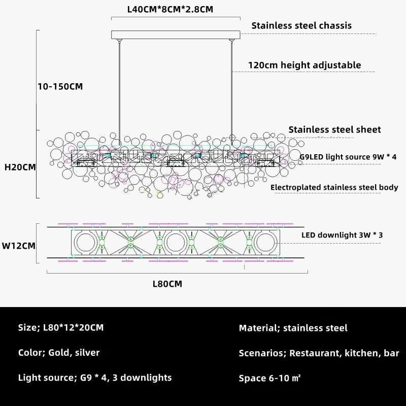 lustre moderne en acier inoxydable chromé pour intérieur