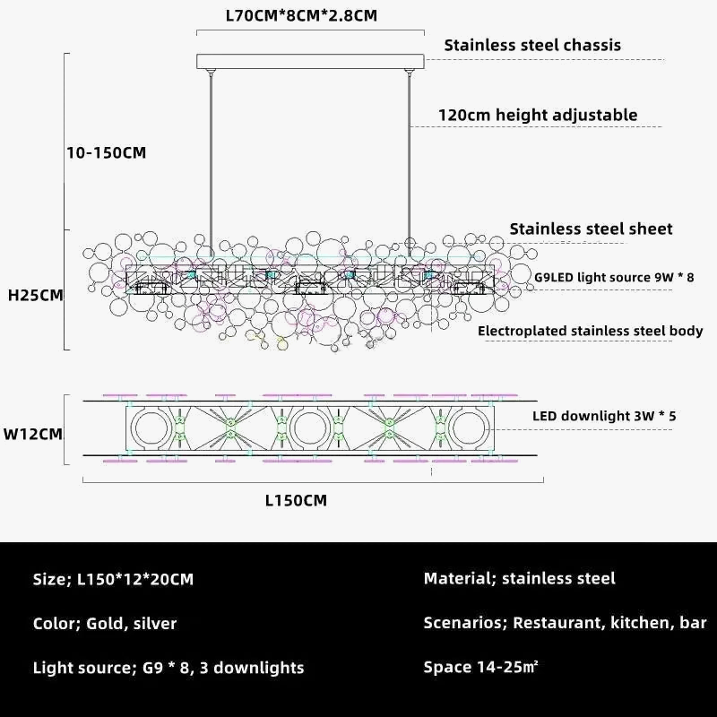 lustre moderne en acier inoxydable chromé pour intérieur