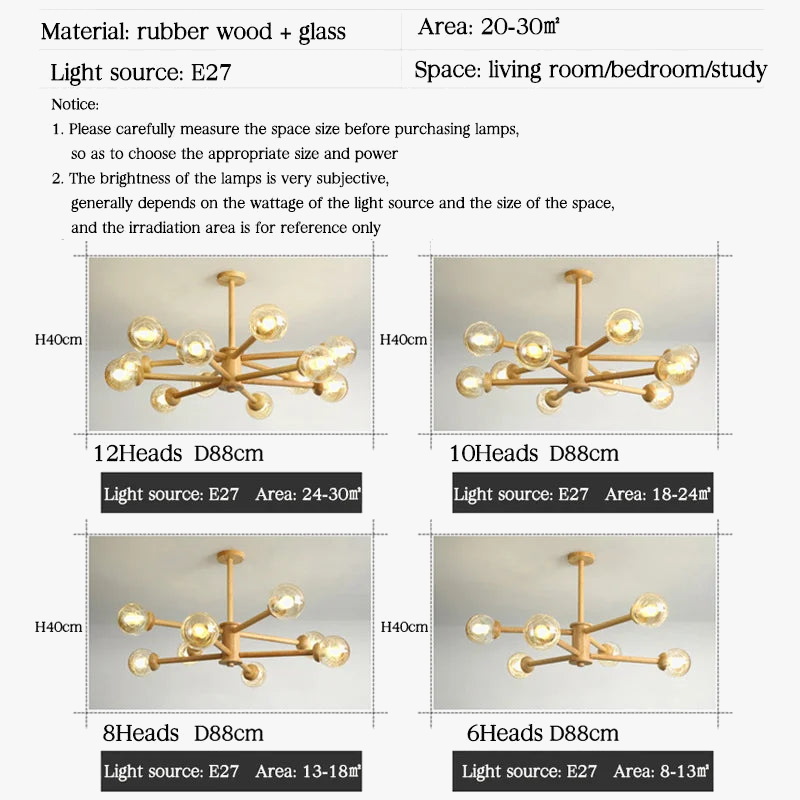 lustre moderne en bois avec abat-jour en verre pour décoration maison
