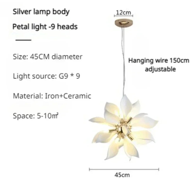 lustre moderne en céramique avec pétales de fleurs et lumière led