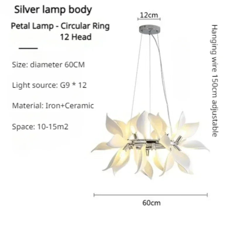 lustre moderne en céramique avec pétales de fleurs et lumière led
