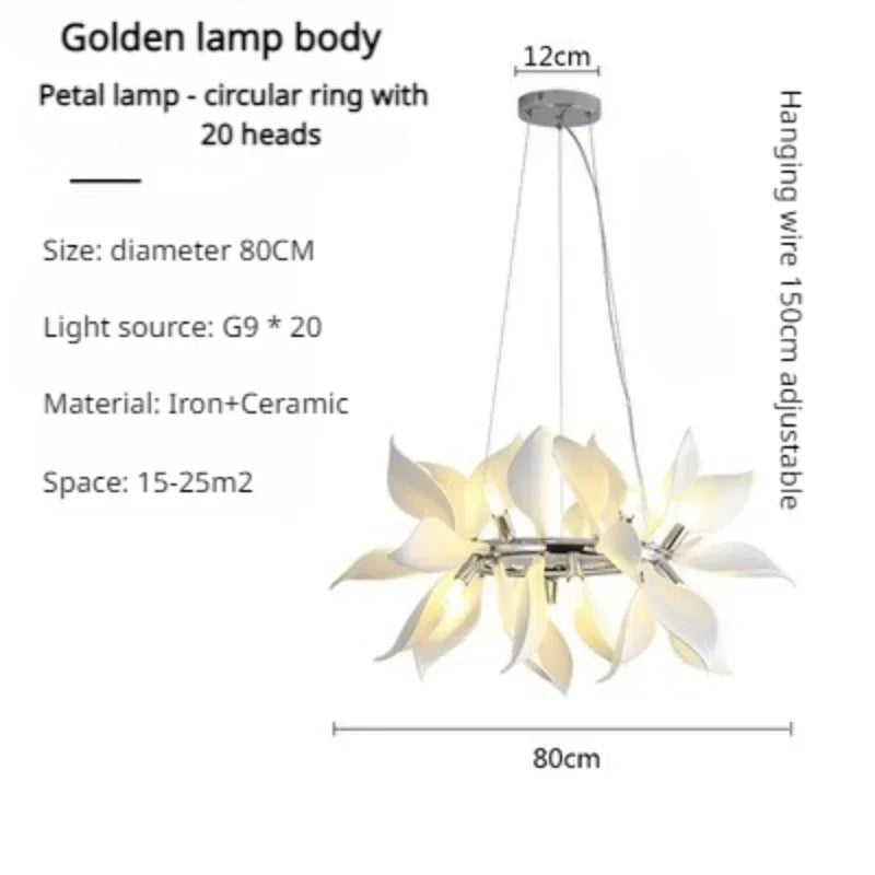 lustre moderne en céramique avec pétales de fleurs et lumière led