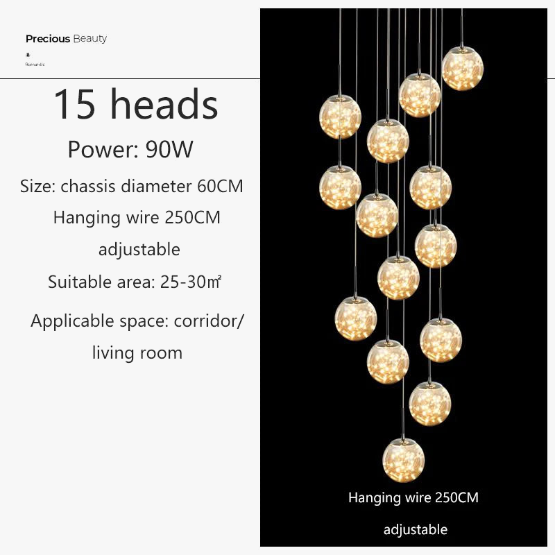 lustre moderne en colimaçon avec éclairage led et boule de cristal
