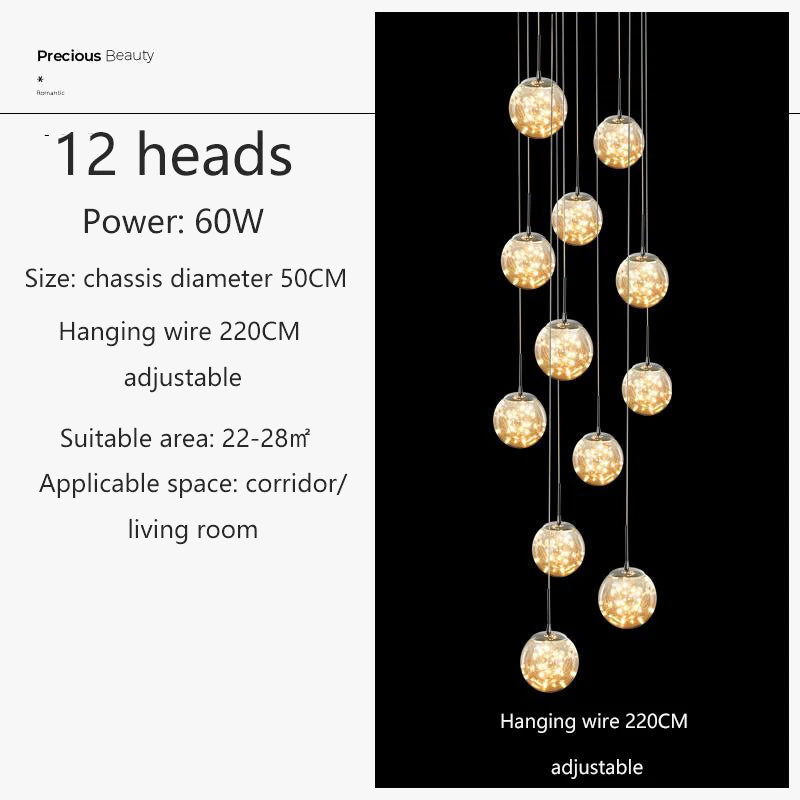 lustre moderne en colimaçon avec éclairage led et boule de cristal