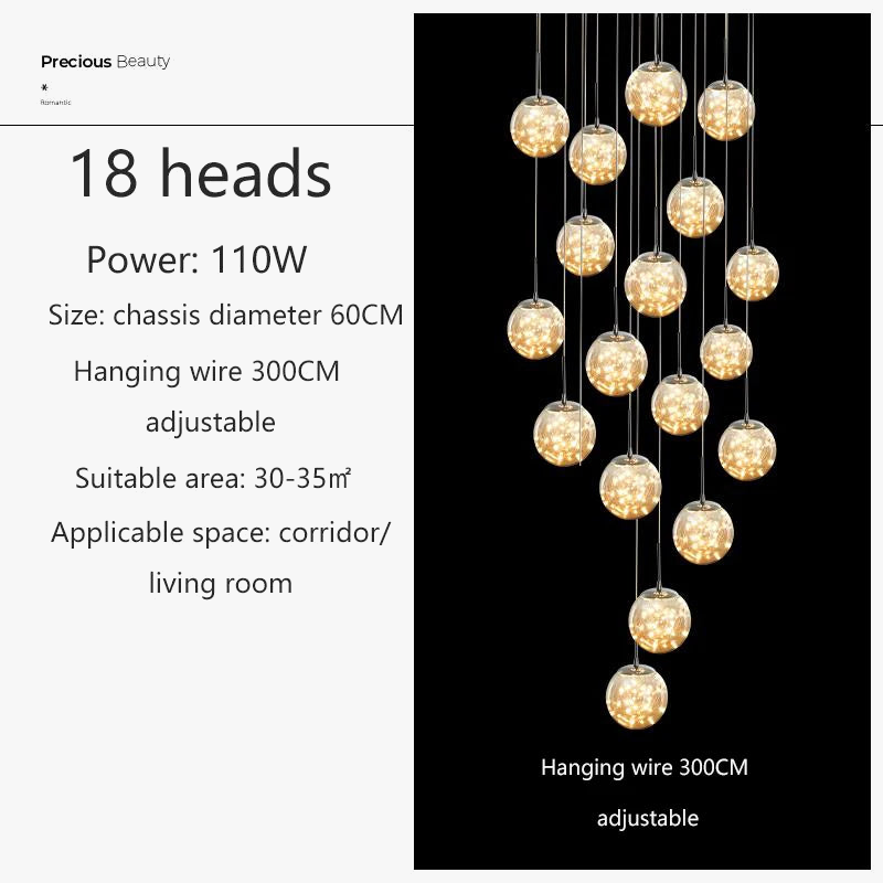lustre moderne en colimaçon avec éclairage led et boule de cristal
