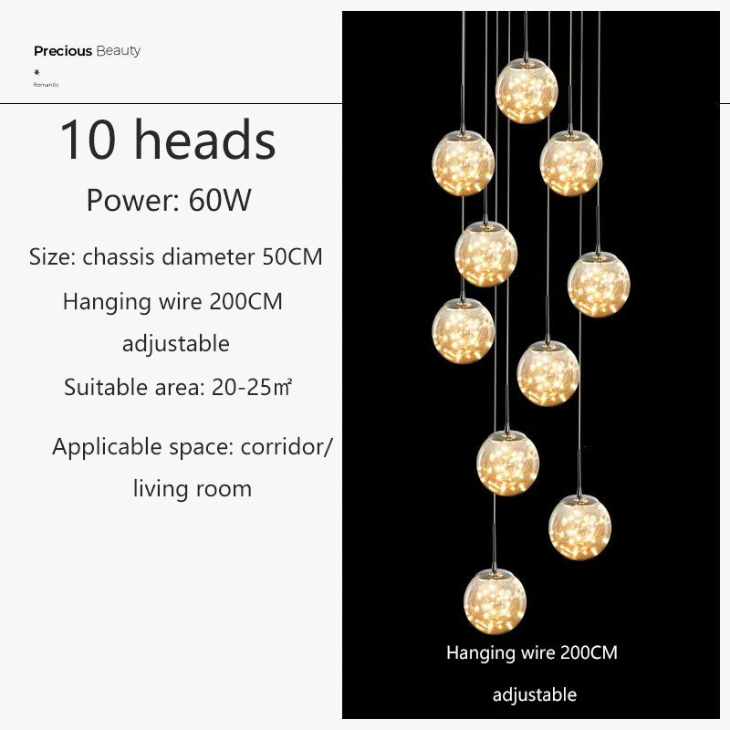 lustre moderne en colimaçon avec éclairage led et boule de cristal
