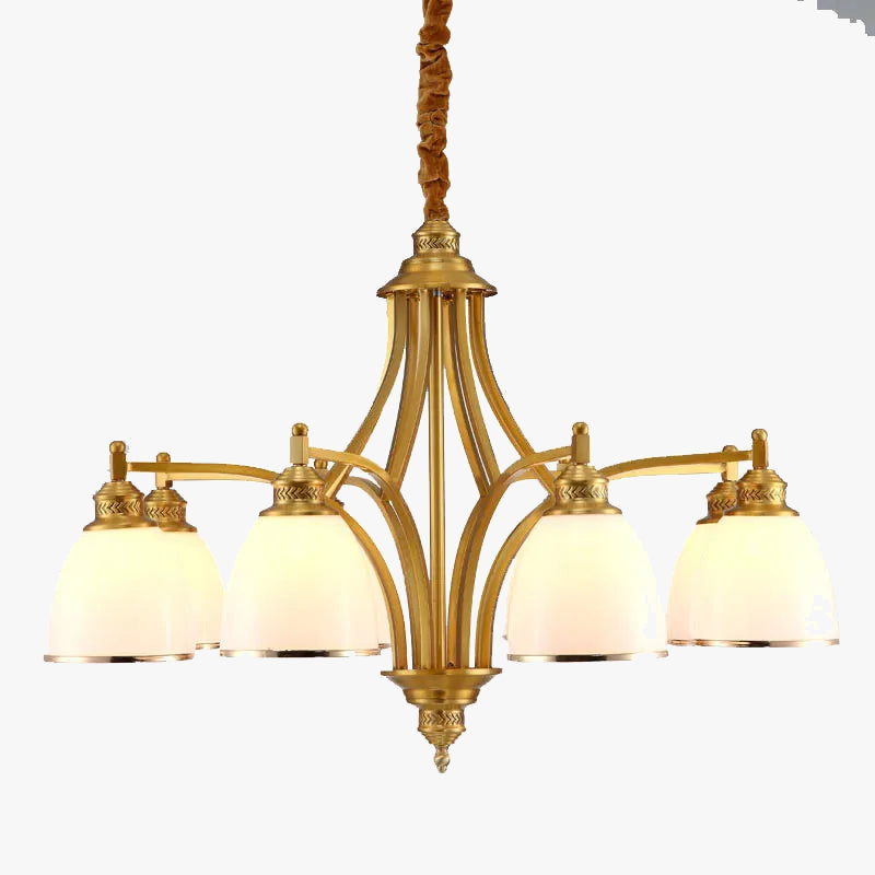 lustre moderne en cuivre avec abat-jour en verre blanc