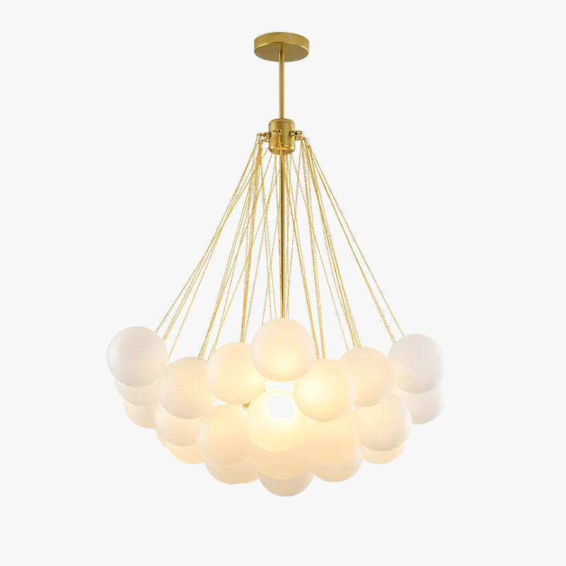 lustre moderne en métal avec boule en verre et bulles décoratives