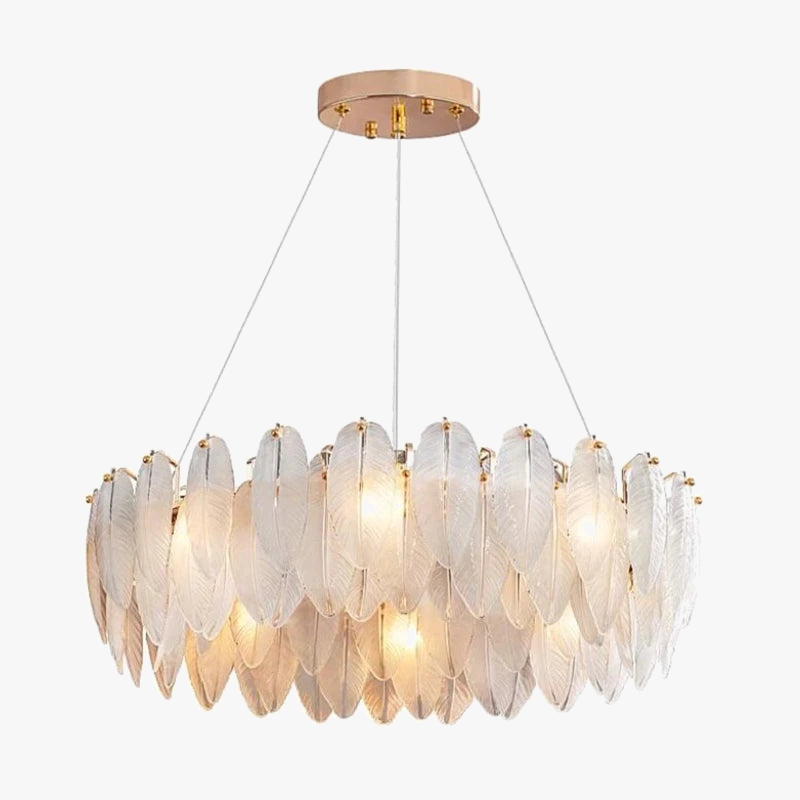 lustre moderne en verre avec plumes et lumière LED