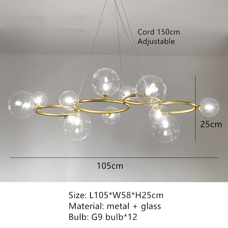 lustre moderne en verre transparent avec cordon métallique réglable