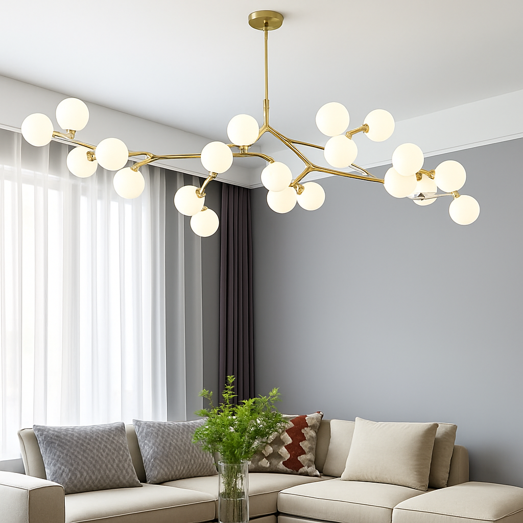 lustre moderne led avec branches d'arbre et boules de verre