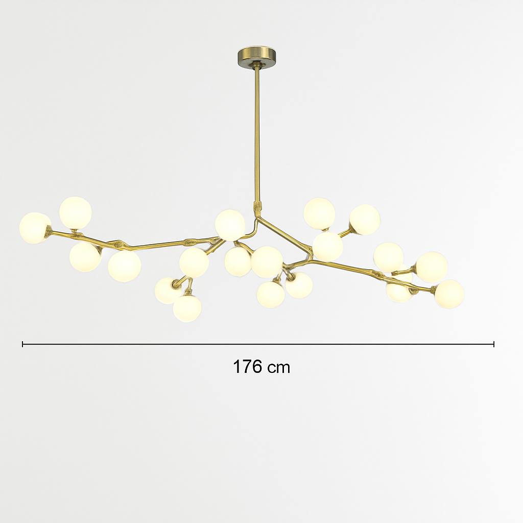 lustre moderne led avec branches d'arbre et boules de verre