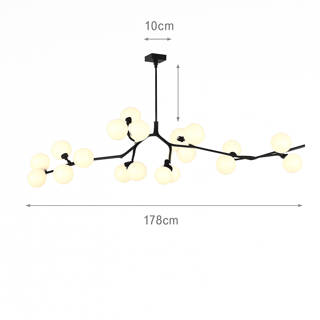 lustre moderne led avec branches d'arbre et boules de verre