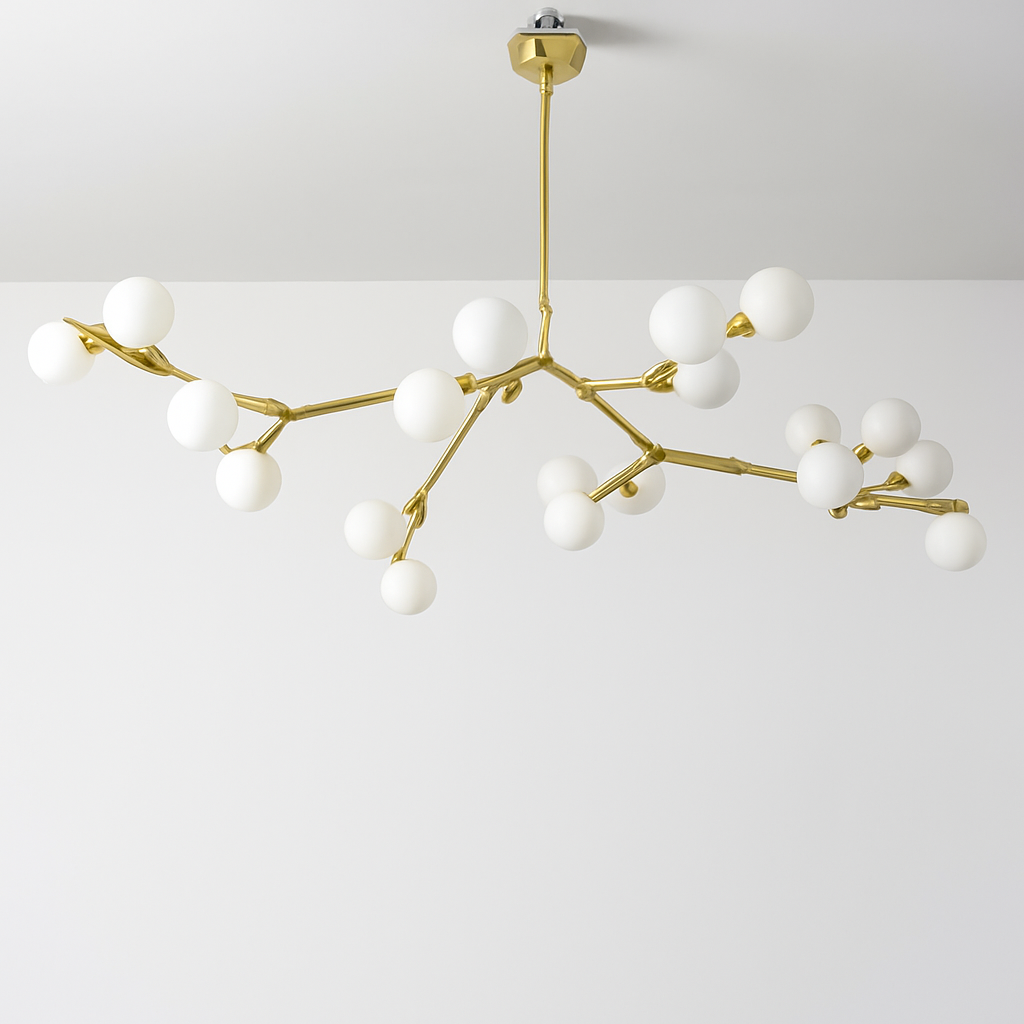 lustre moderne led avec branches d'arbre et boules de verre