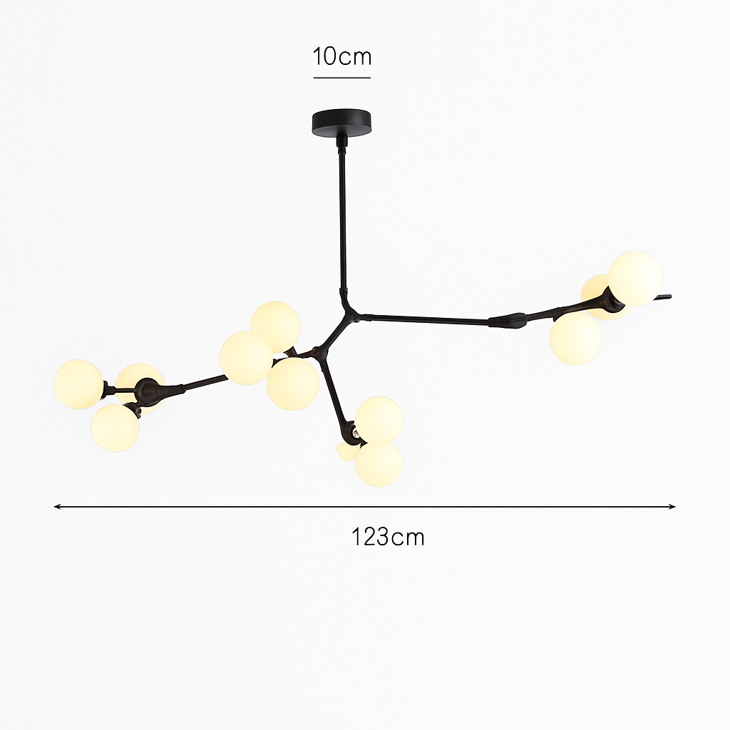 lustre moderne led avec branches d'arbre et boules de verre